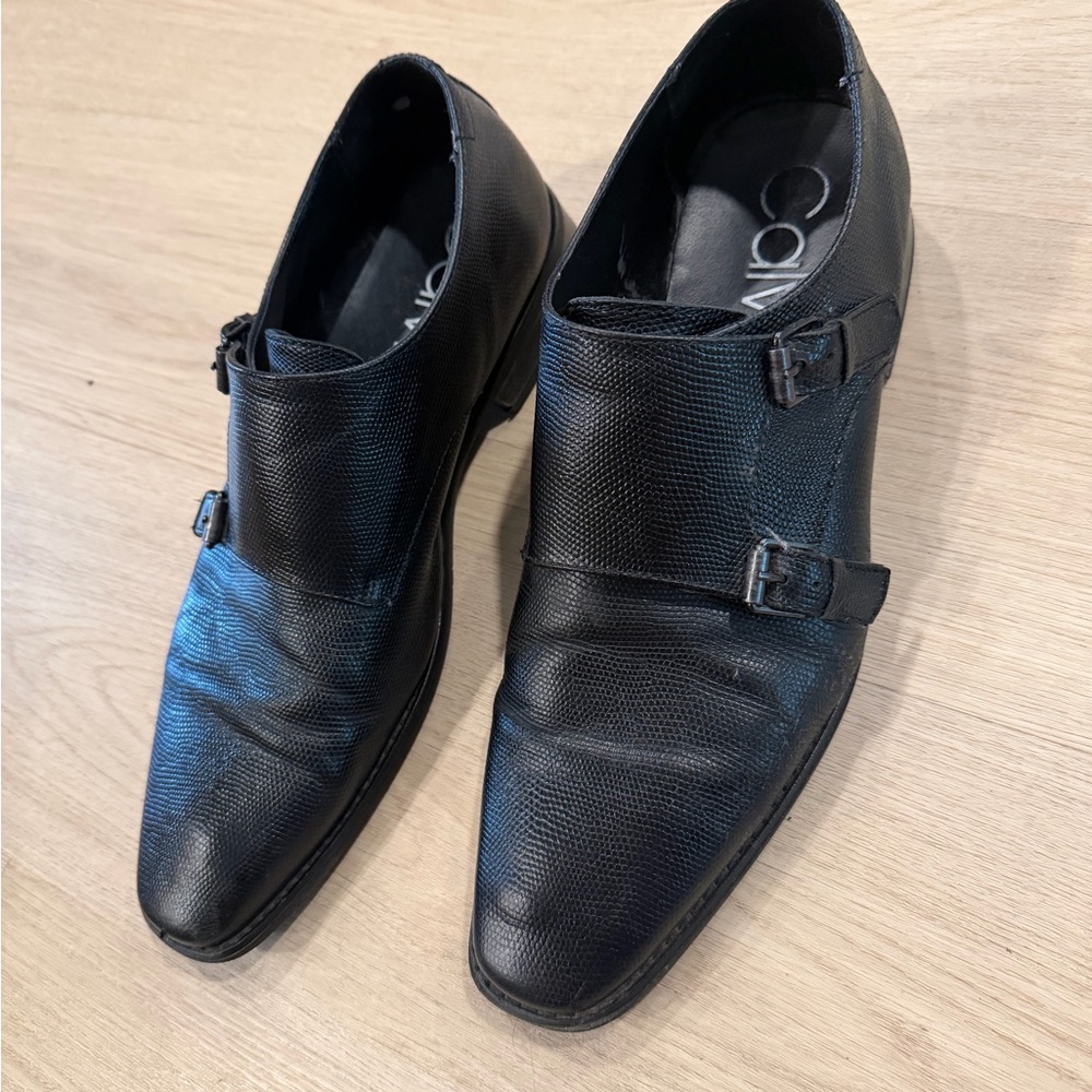 Calvin Klein Black Textured Double Monk Strap Dress Shoes